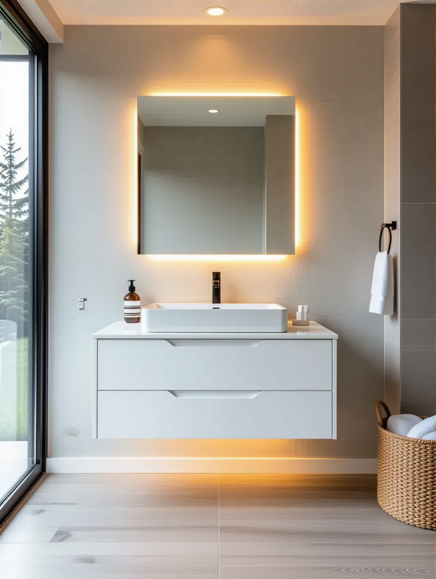 Modern bathroom with white floating vanity and exposed floor space