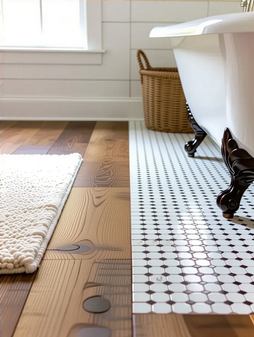 Rustic farmhouse bathroom floor featuring a blend of distressed wood-look porcelain tile and small white penny tiles with dark grout, showcasing durable and charming design.