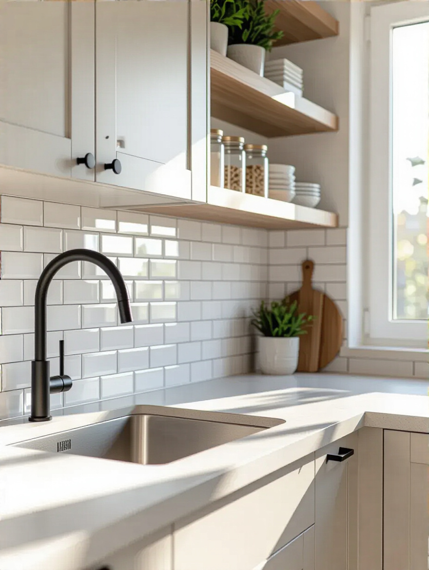 Portrait of a modern kitchen featuring peel-and-stick backsplash tiles