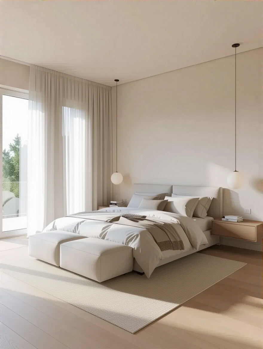 Modern bedroom with optimized layout, featuring a strategically placed bed, clear pathways, and minimalist furniture, showcasing enhanced flow and openness under soft natural light.
