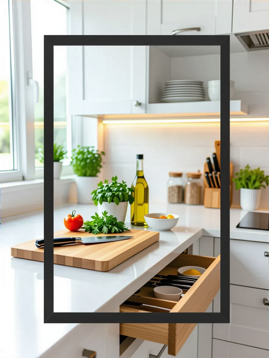 Portrait view of a modern kitchen prep zone with clearly defined chopping and cooking areas