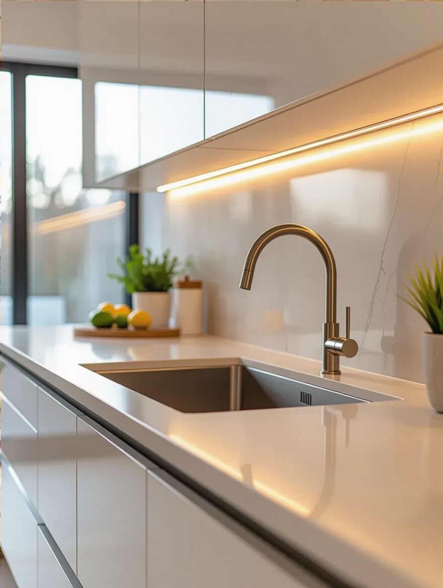 Portrait view of a contemporary kitchen showcasing optimized light quartz countertops with an integrated sink, emphasizing a durable and stylish design.