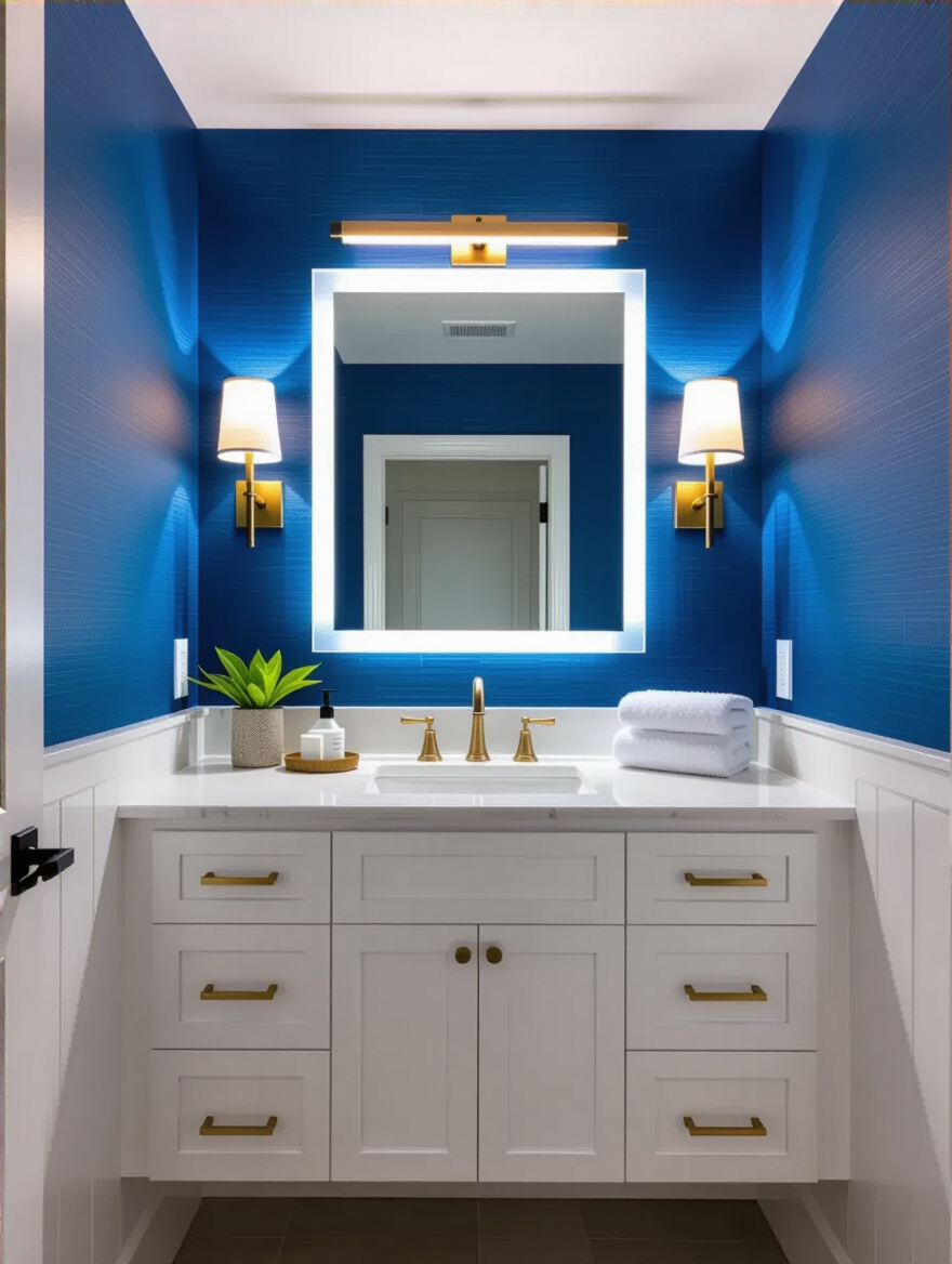 Blue bathroom wallpaper highlighted by layered lighting showing texture and depth