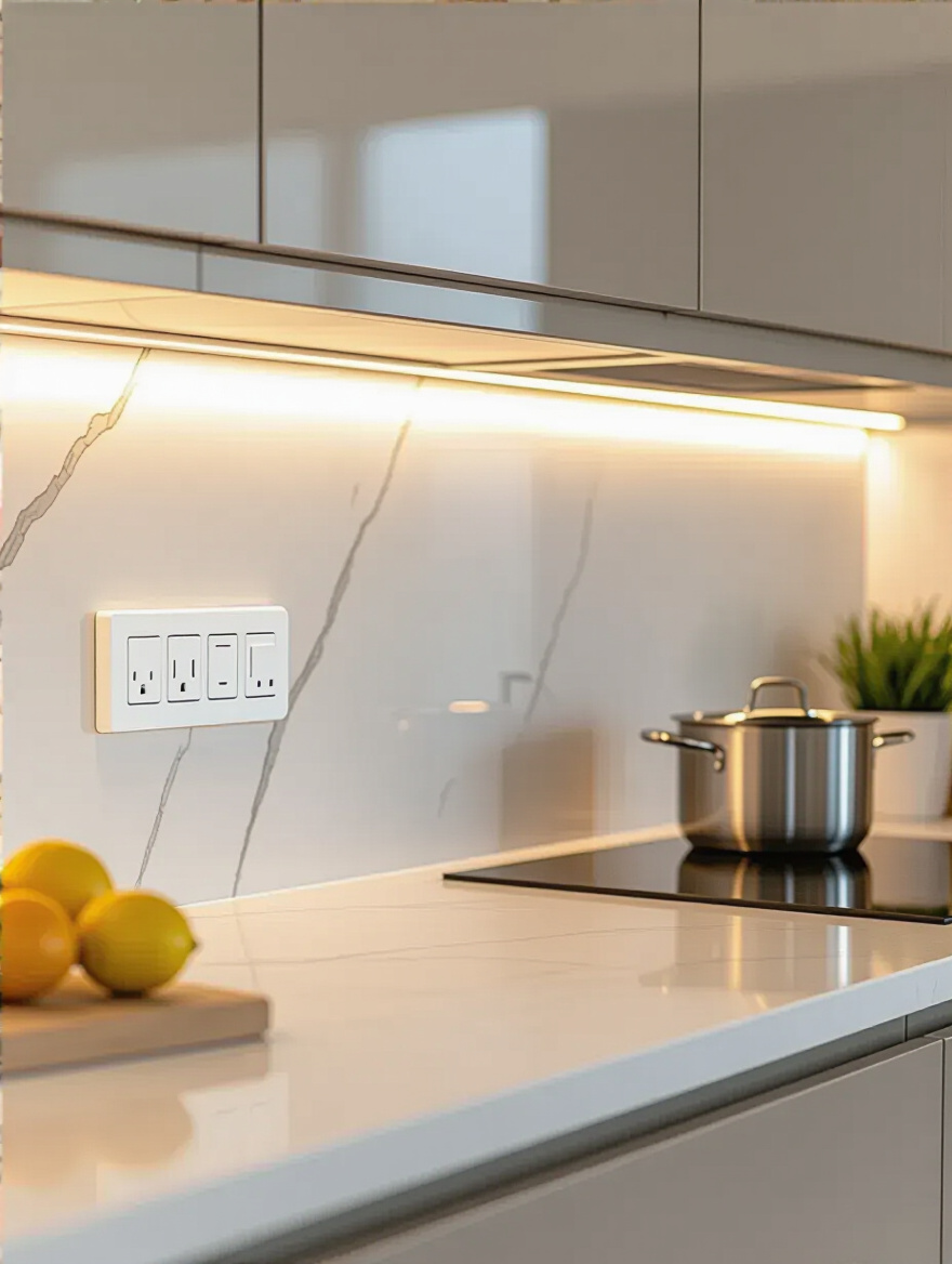Modern kitchen backsplash with discreet, integrated outlets and switches blending into a sleek surface.