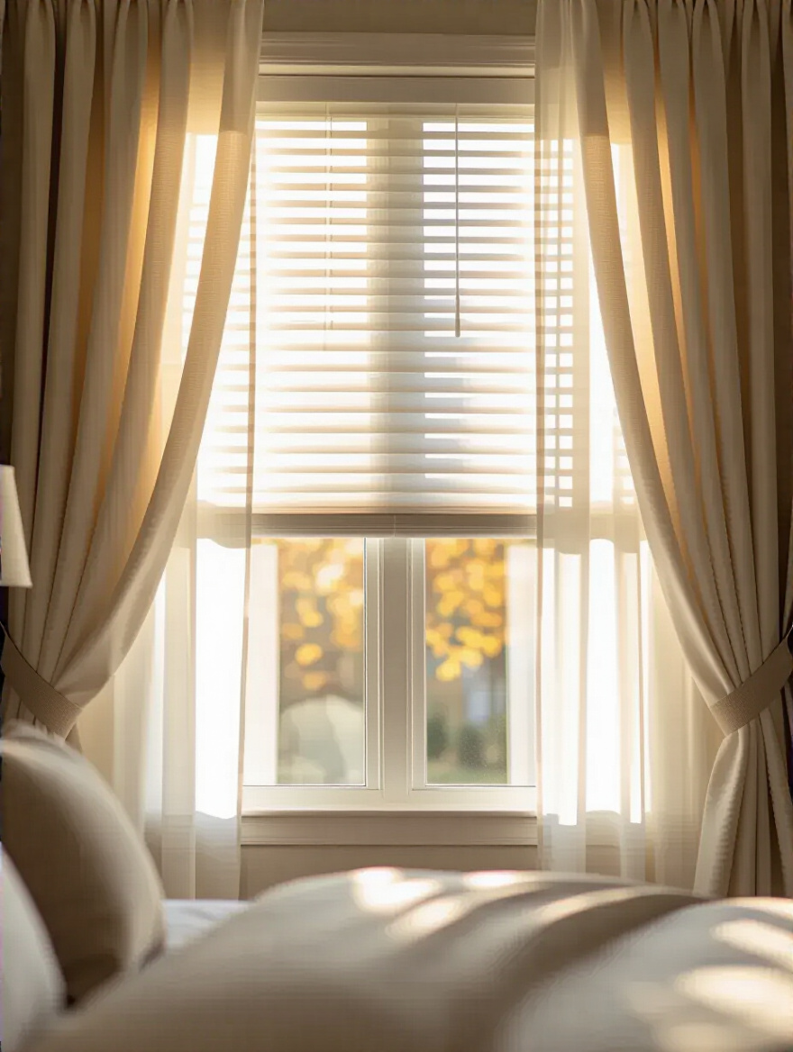 Portrait view of a modern bedroom window with layered treatments including sheer ripplefold curtains and cellular blackout shades, showing optimized light and privacy.