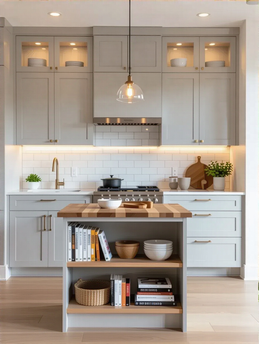 Modern small kitchen with multi-functional island, light cabinets, and vertical storage maximizing space efficiency