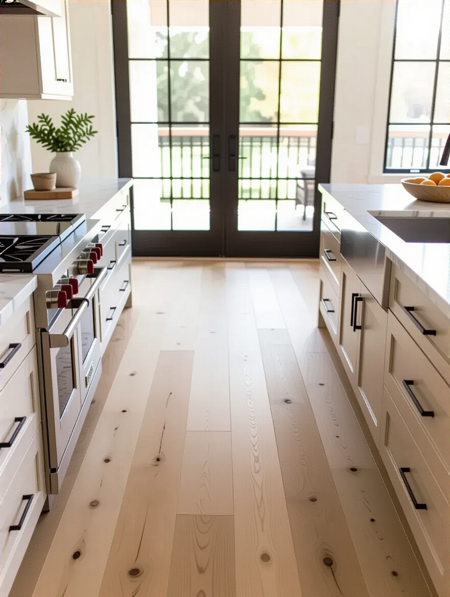 Modern kitchen with durable and stylish engineered hardwood flooring, showing resilience and aesthetic appeal, perfect for high-traffic areas.