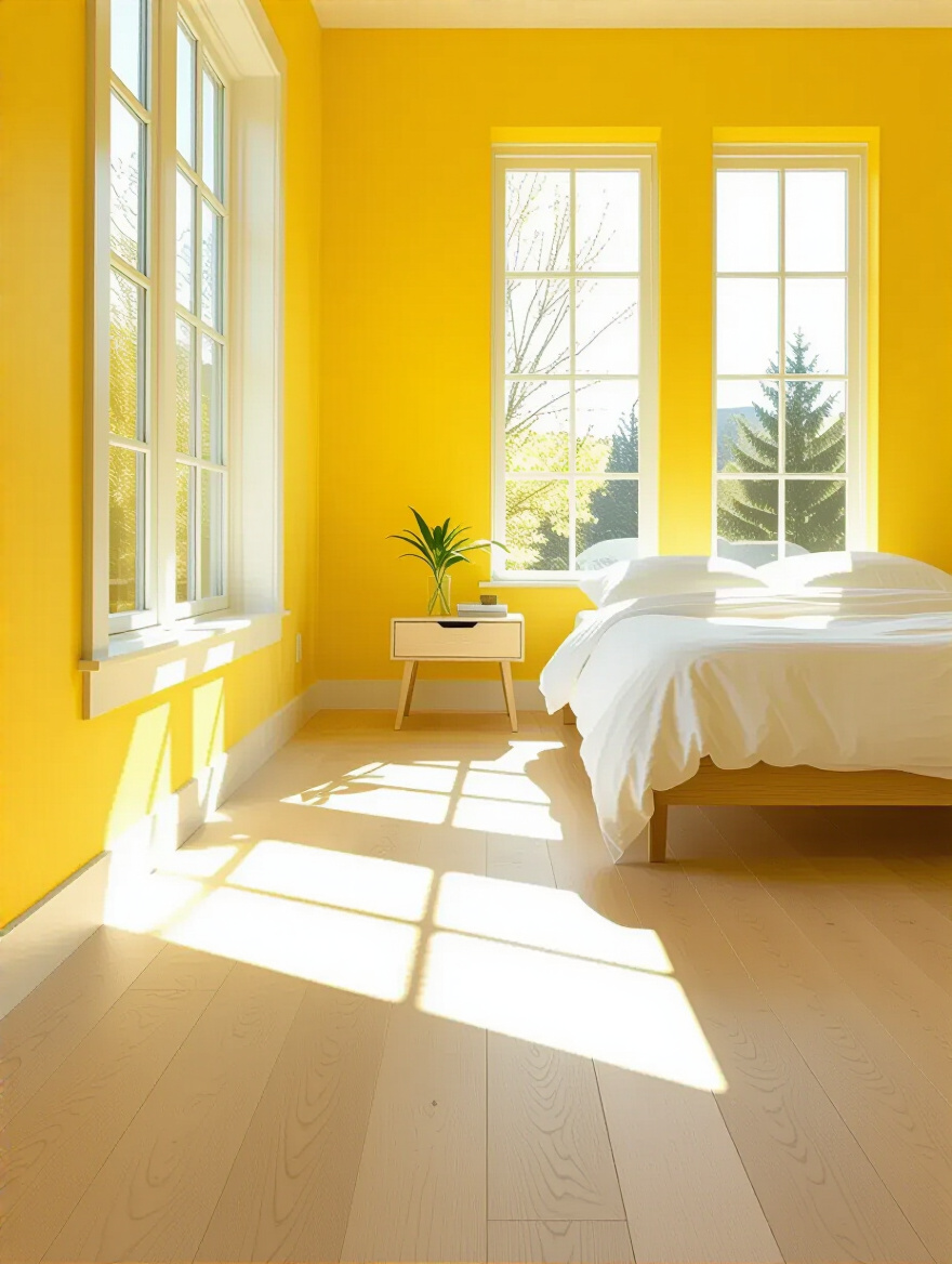 A bright yellow bedroom featuring expansive light-colored wooden flooring that reflects natural light, making the room feel larger and more open, with a minimalist aesthetic and soft textures.