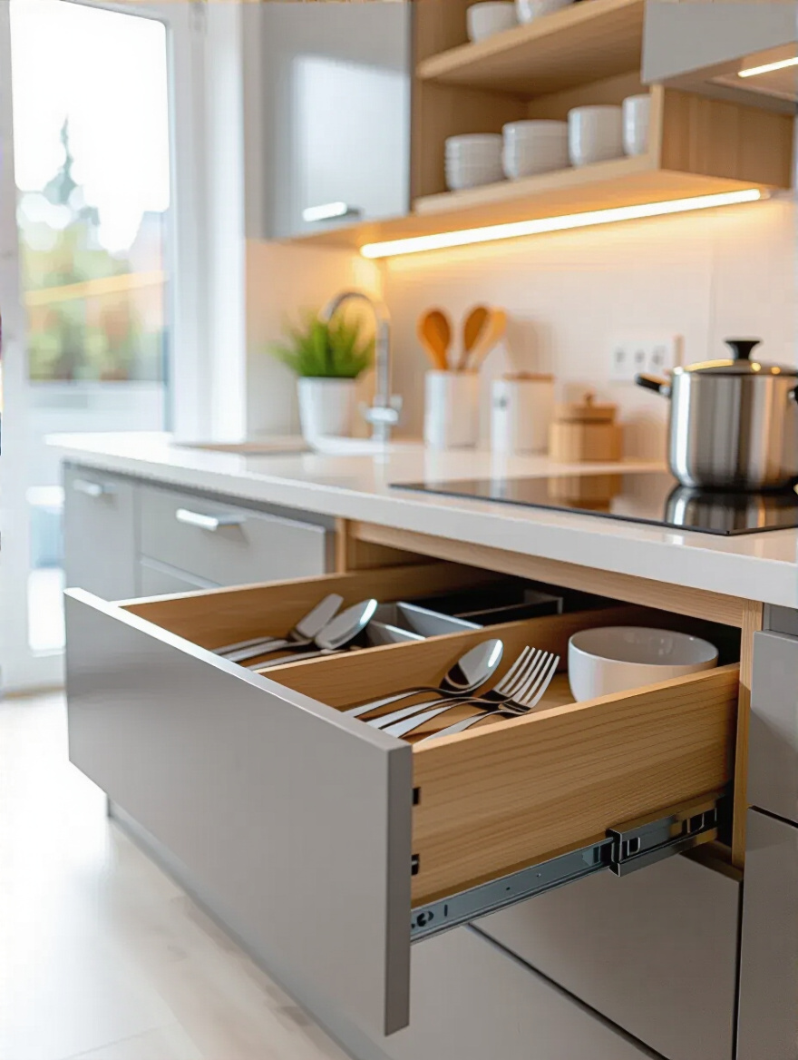 Portrait of a small kitchen drawer with smart storage dividers