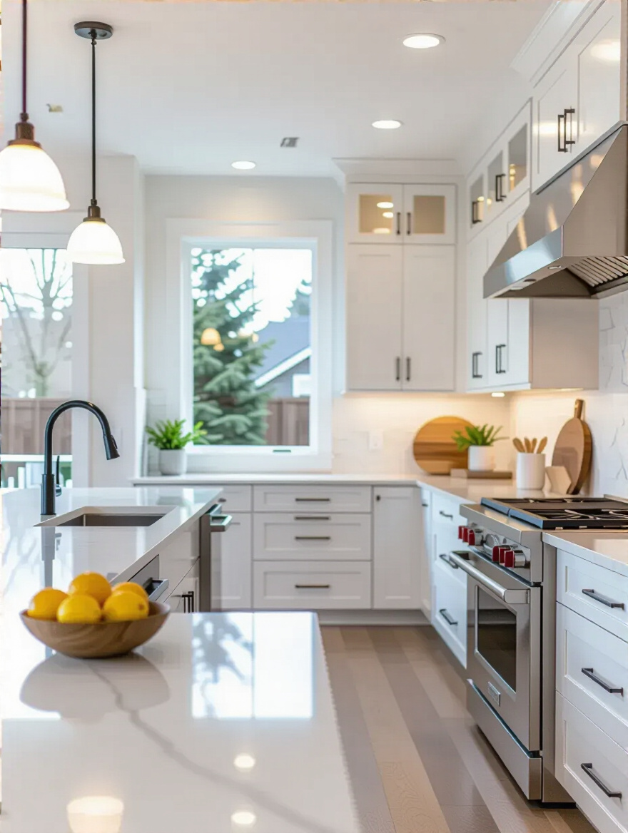Pristine modern kitchen surfaces after deep cleaning