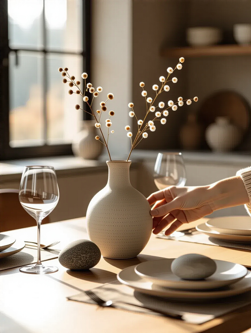 A modern dining table with a refreshed centerpiece, featuring a hand gently adjusting a vase, signifying periodic reevaluation and update of decorative elements.