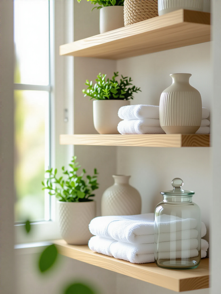 Stylish bathroom shelves featuring a freshly refreshed decor arrangement with plants, ceramics, and folded towels, bathed in soft natural light.