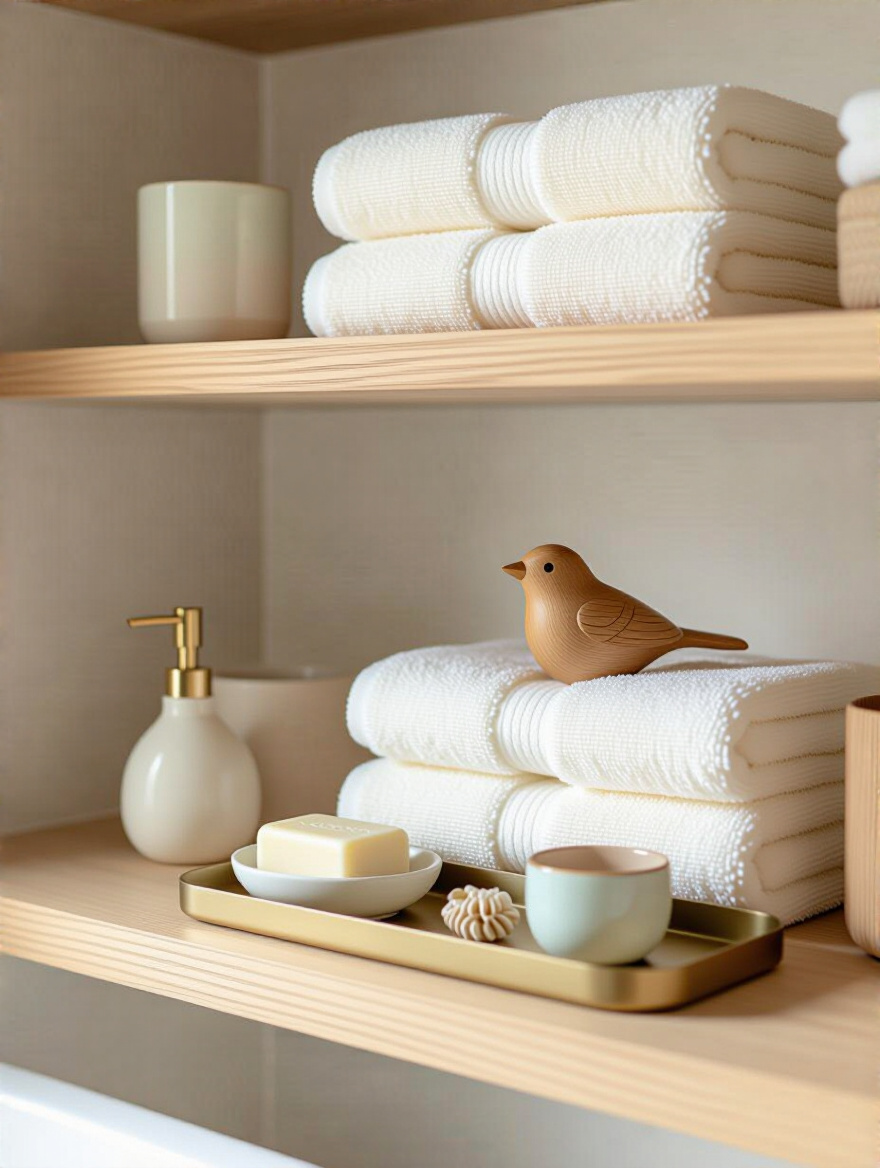 Close-up of a bathroom floating shelf featuring sentimental decor items including a carved wooden bird, hand-painted ceramic soap dish, matching tumbler, and small personal trinkets grouped on a brass tray, all against a clean, light wall.