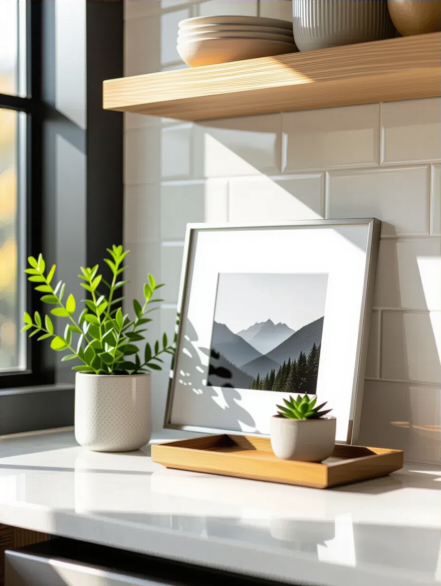 Vertical kitchen countertop vignette with framed photo and art