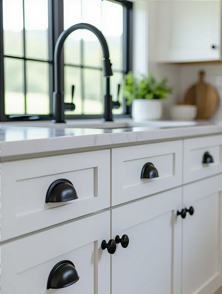 Modern kitchen with custom matte black cabinet pulls and a unique gold faucet, demonstrating personalized hardware