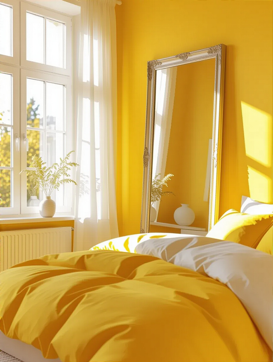 A bright yellow bedroom with a large rectangular mirror placed opposite a window, reflecting light and making the room appear more spacious.
