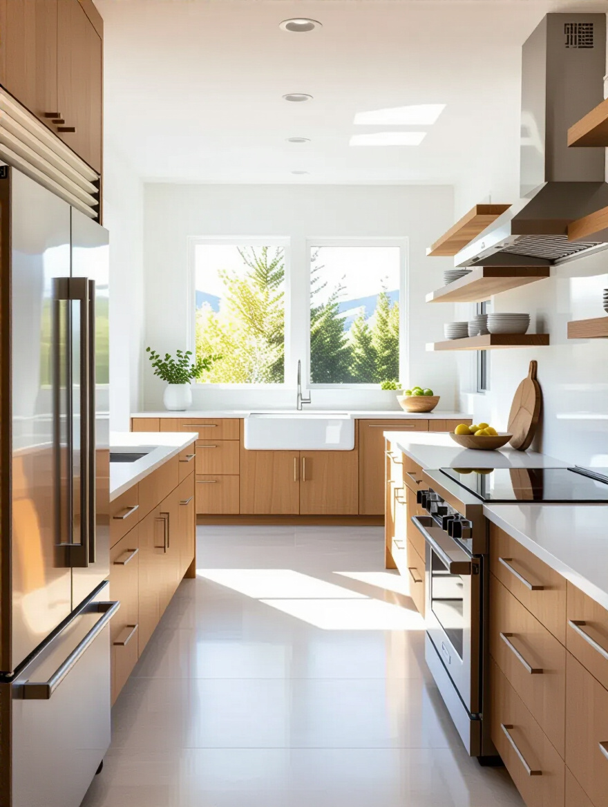 A modern kitchen featuring spacious, clear circulation paths between the refrigerator, sink, and range, with ample clearance around appliances, demonstrating an optimal layout for efficiency and movement.