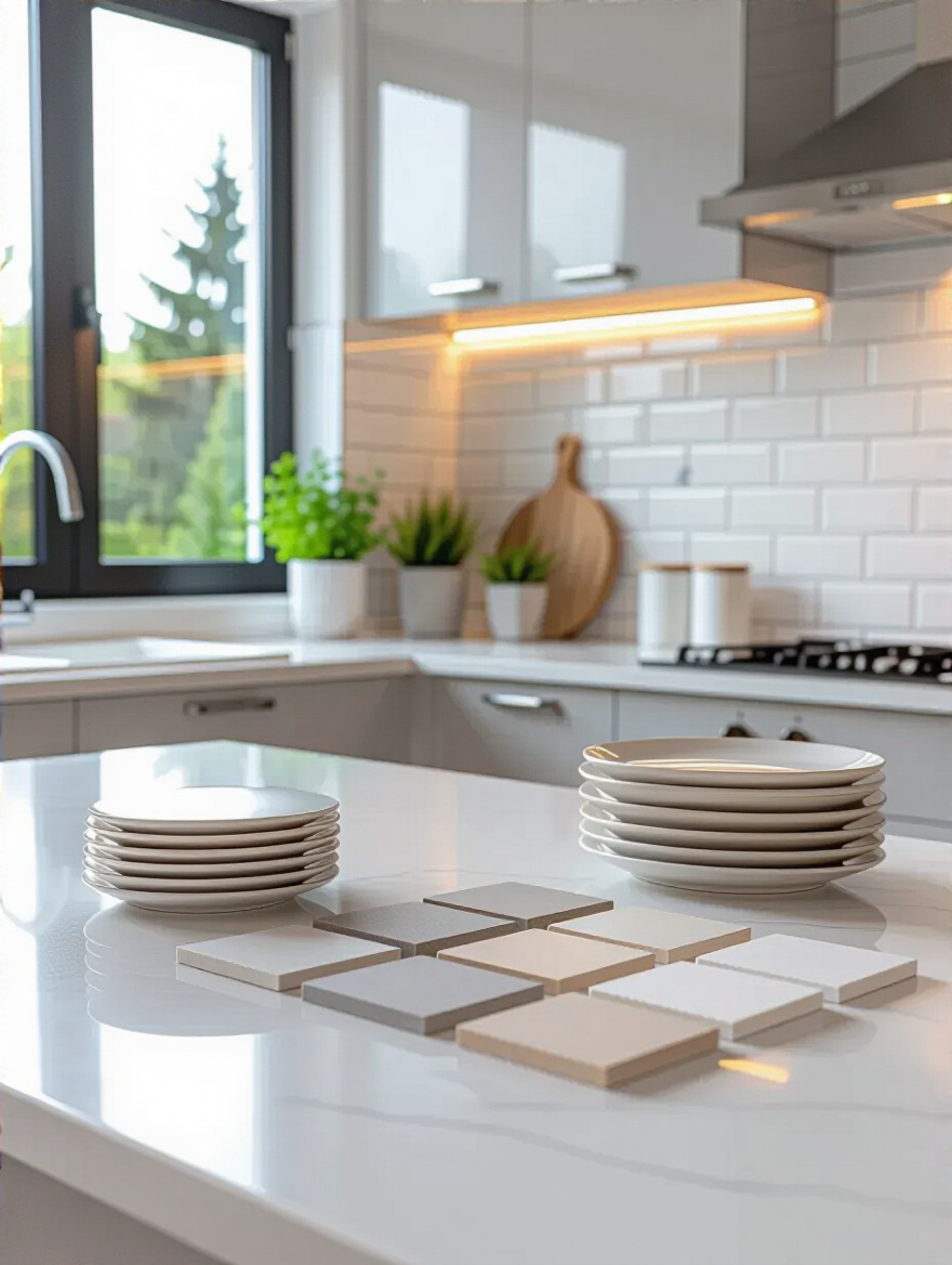 Portrait of a modern kitchen planning area with spare backsplash tiles and color swatches