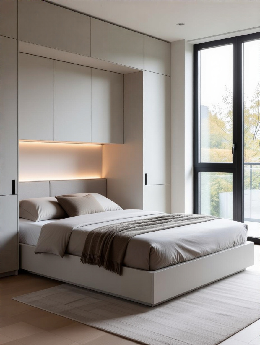 Modern bedroom featuring seamless integrated smart storage, hidden compartments, and a minimalist design to minimize clutter and maximize space.