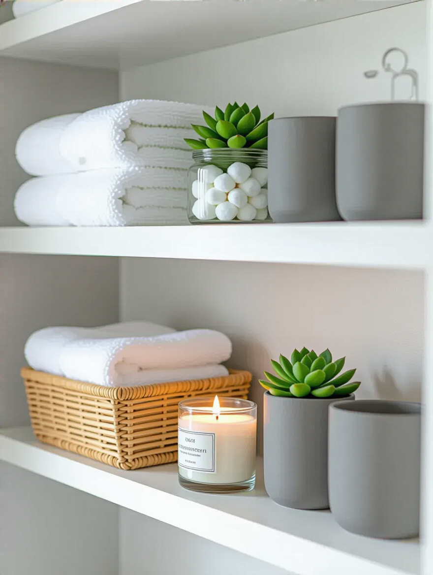 A beautifully organized bathroom shelf with a balance of practical storage items like bamboo baskets and glass jars, and decorative elements such as a succulent plant and a candle.