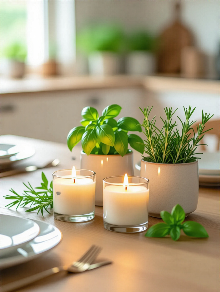 Elegant kitchen table centerpiece featuring subtly fragrant candles and vibrant fresh herbs like basil and rosemary in small pots, creating a warm and inviting atmosphere. Professional eye-level shot with soft natural light.