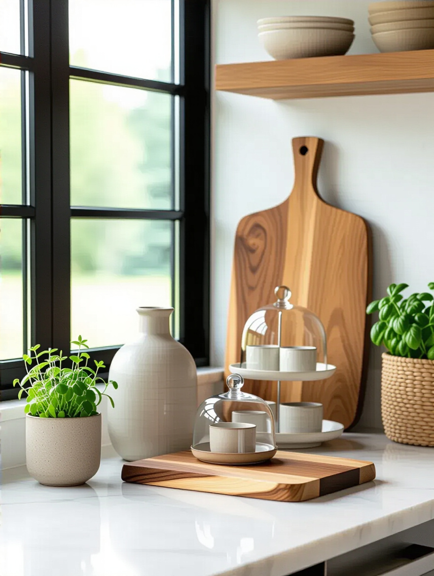 Portrait of a kitchen countertop layered with varying heights and textures