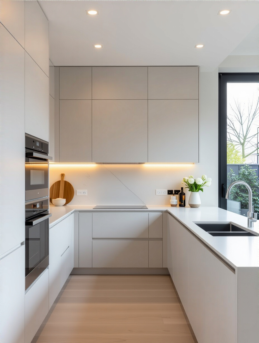 Portrait of a compact kitchen with handleless cabinets and seamless hardware under soft lighting.