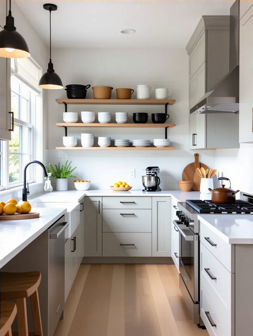 Bright, uncluttered small kitchen with clear countertops and organized zones