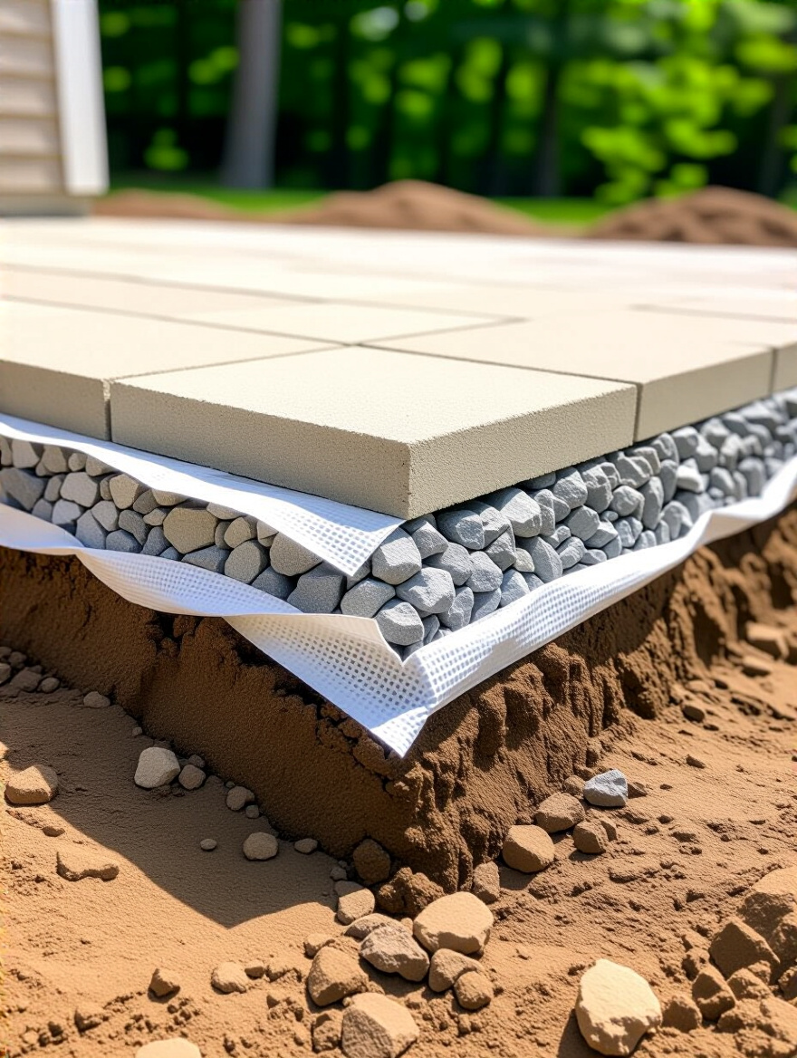 Detailed view of a prepared patio sub-base, showing compacted aggregate and screeded sand layers over geotextile fabric, emphasizing proper foundation for outdoor patio longevity.