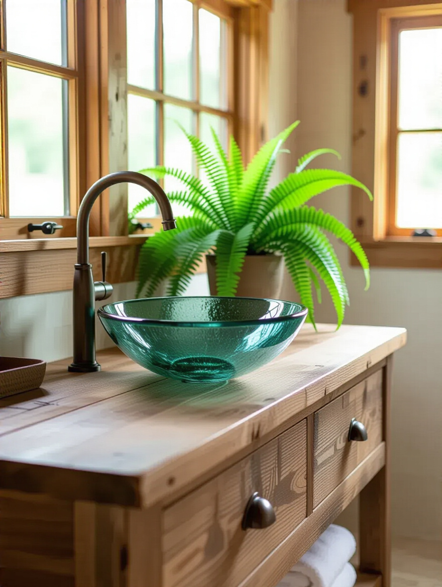A sustainable farmhouse bathroom featuring a reclaimed wood vanity, low-flow faucet, recycled glass sink, and a potted plant under natural light, embodying eco-friendly rustic charm.