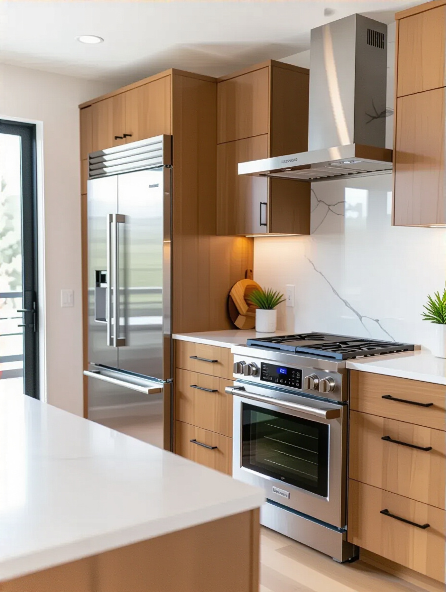 A modern kitchen featuring sleek, energy-efficient stainless steel appliances and an integrated minimalist range hood over an induction cooktop, showcasing sustainable design principles for enhanced indoor air quality.
