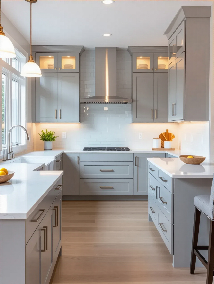 Portrait image of a modern kitchen with updated cabinets, lighting, and backsplash