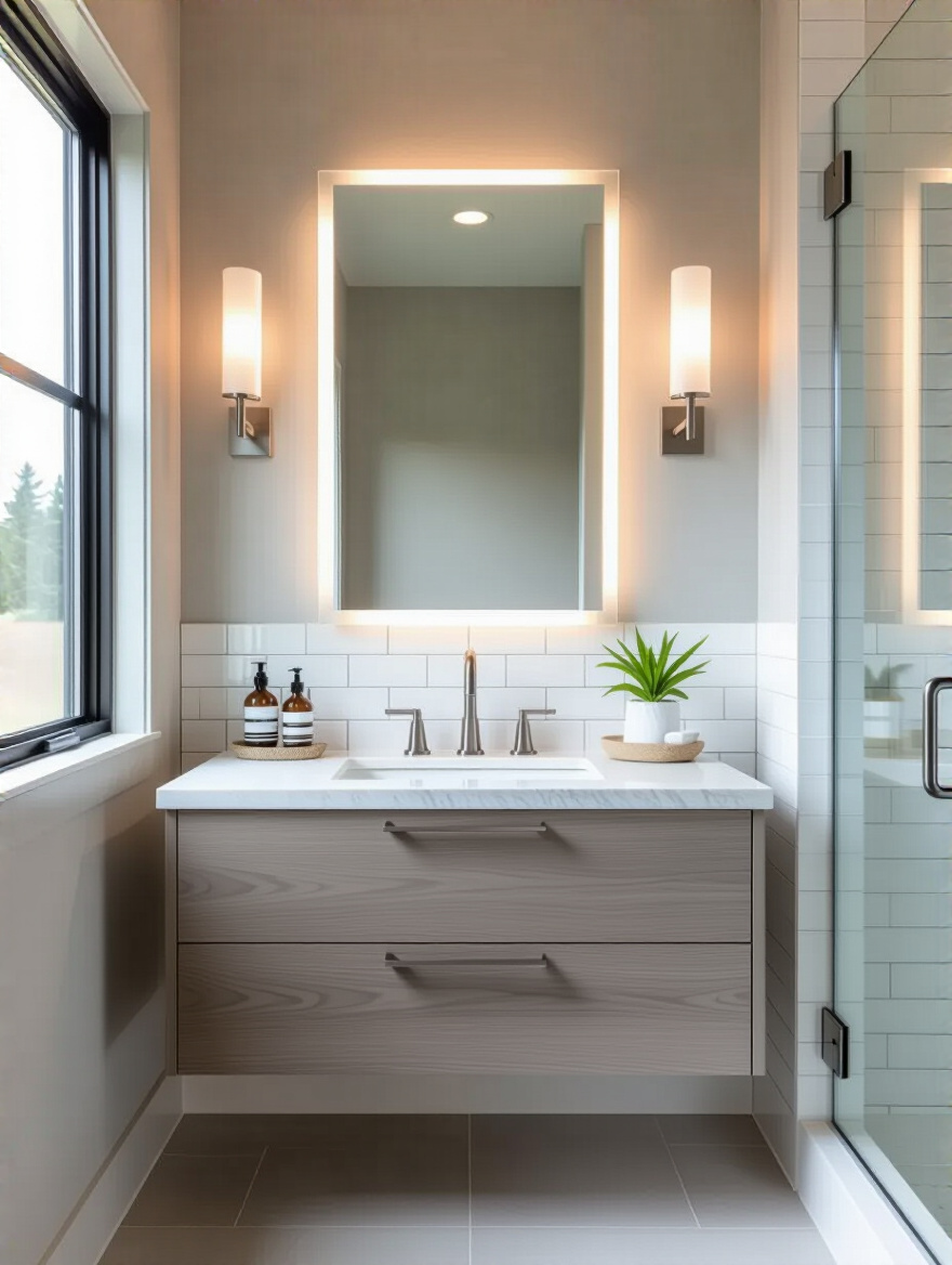 Portrait-style view of a modern bathroom with updated fixtures and lighting