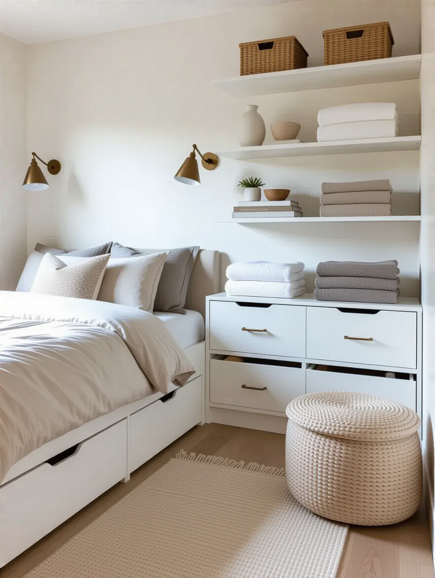 A small, neatly organized apartment bedroom with integrated practical storage solutions, including under-bed drawers, wall-mounted shelves, and a storage ottoman, fostering a clutter-free living space.