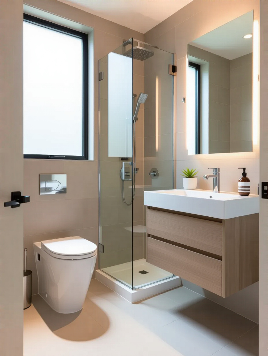 Modern bathroom with WaterSense fixtures: low-flow faucet, efficient showerhead, and dual-flush toilet