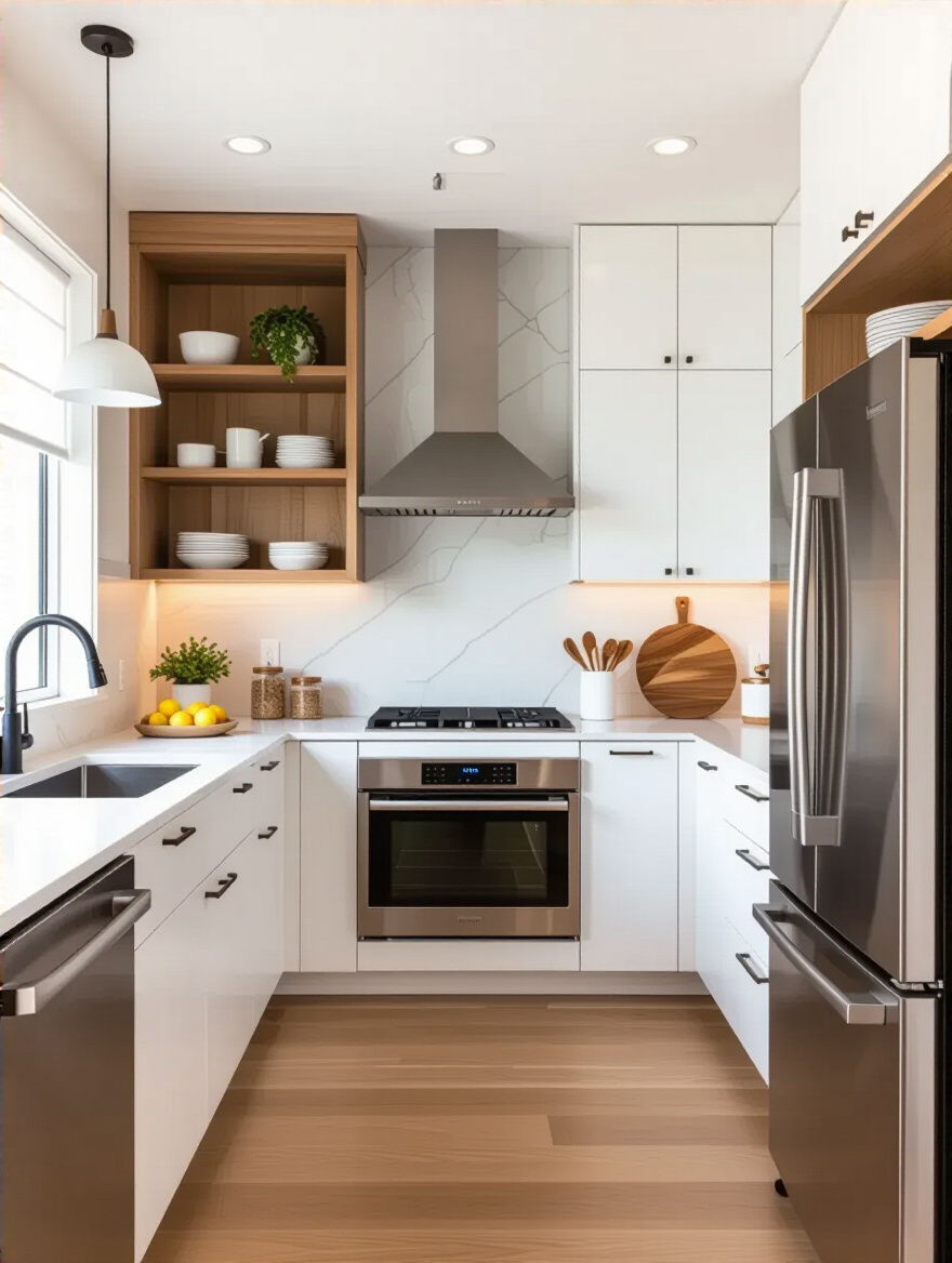 Portrait view of a modern kitchen highlighting ergonomic design and intuitive work zones.