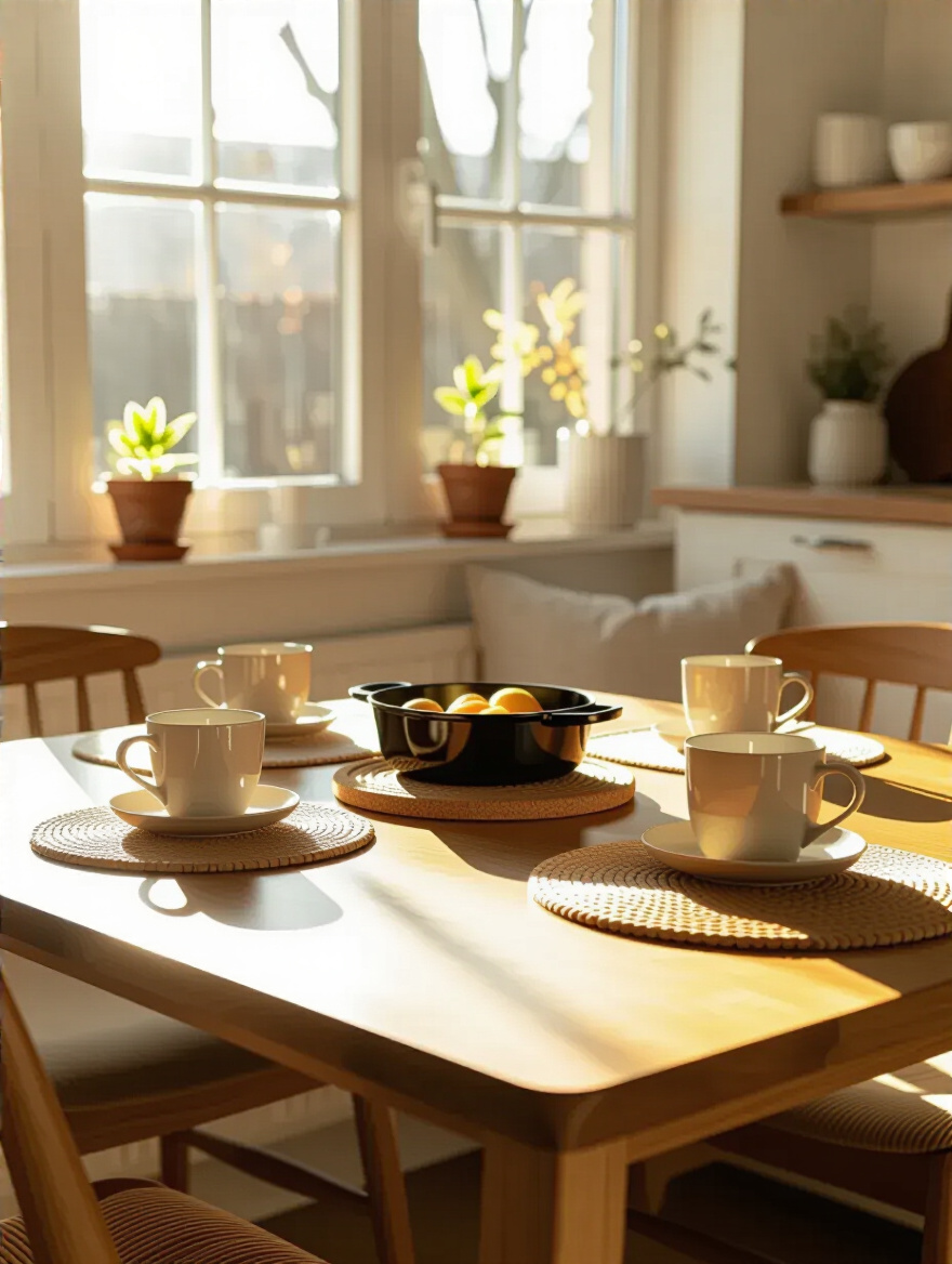 Portrait of protected kitchen table surface with coasters and placemats