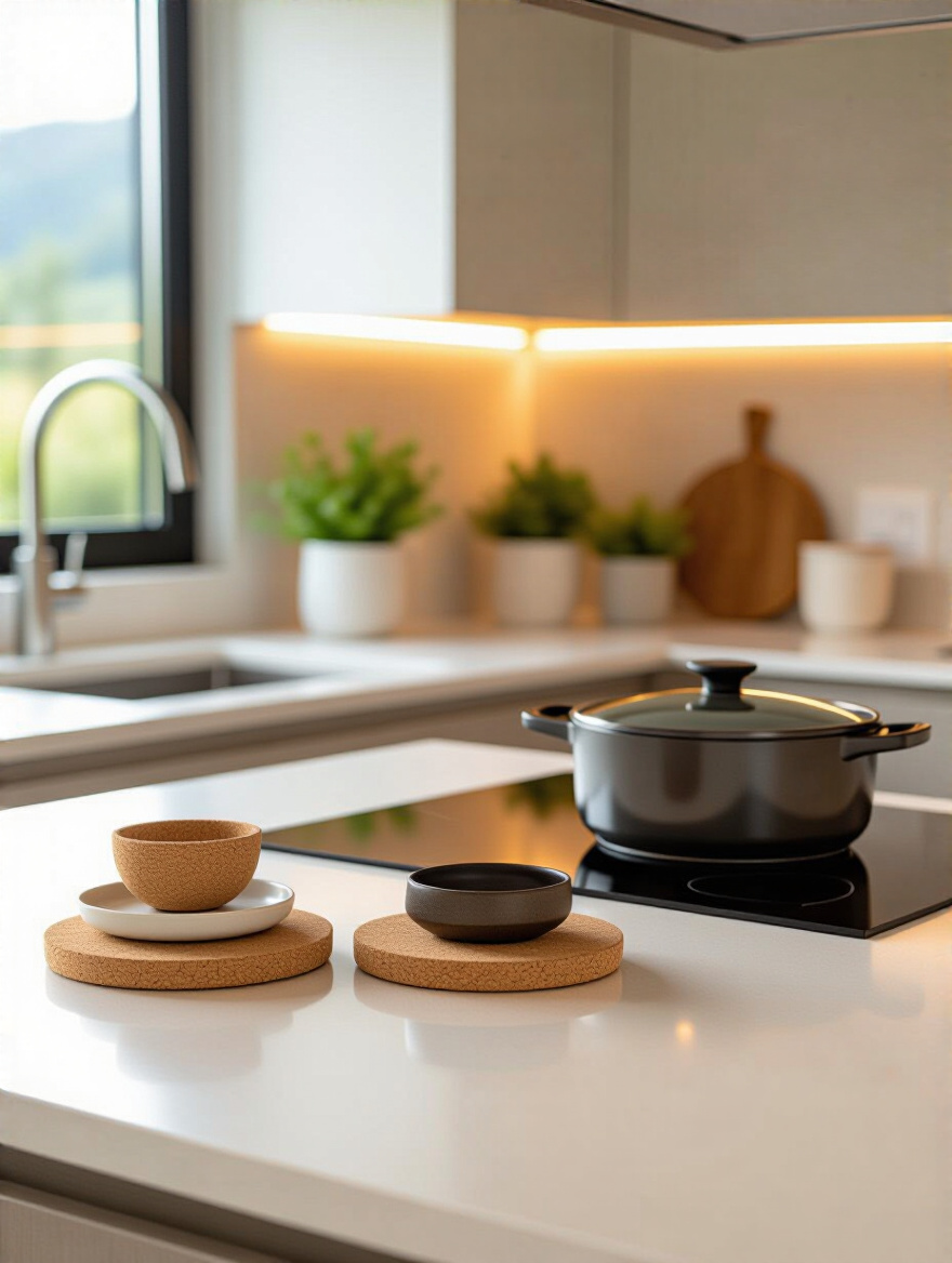 Portrait view of a modern kitchen countertop with stylish trivets protecting the surface
