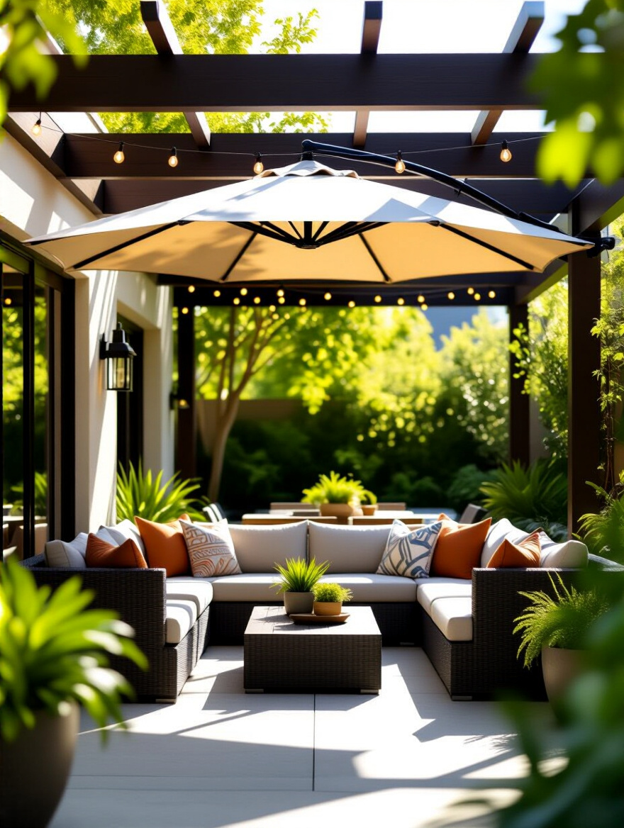 A luxurious patio featuring a large cantilever umbrella shading a lounge area and a wooden pergola covering a dining space, surrounded by lush plants.