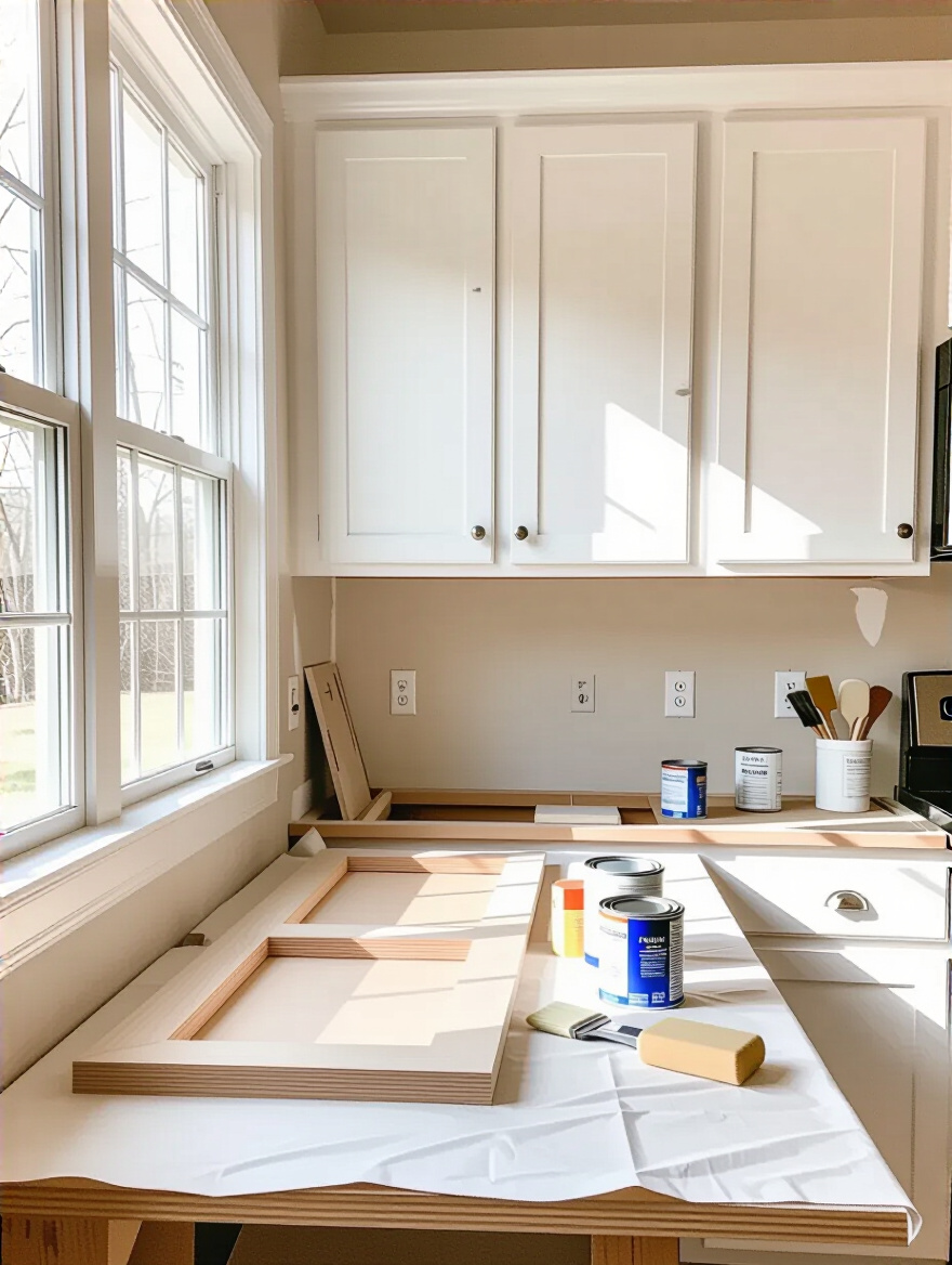 Portrait of a kitchen cabinet refinishing setup showing cabinet boxes prepped for painting