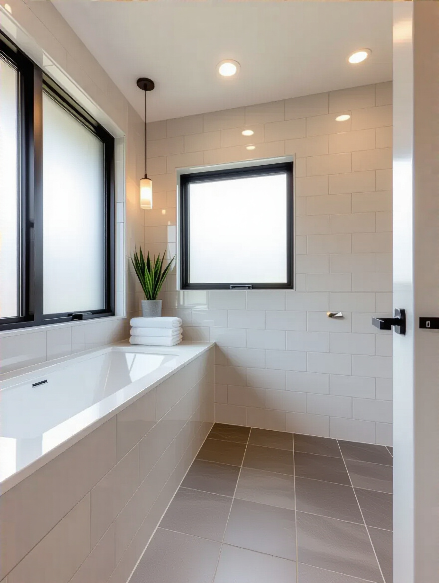 Portrait view of refreshed grout lines between bathroom tiles.