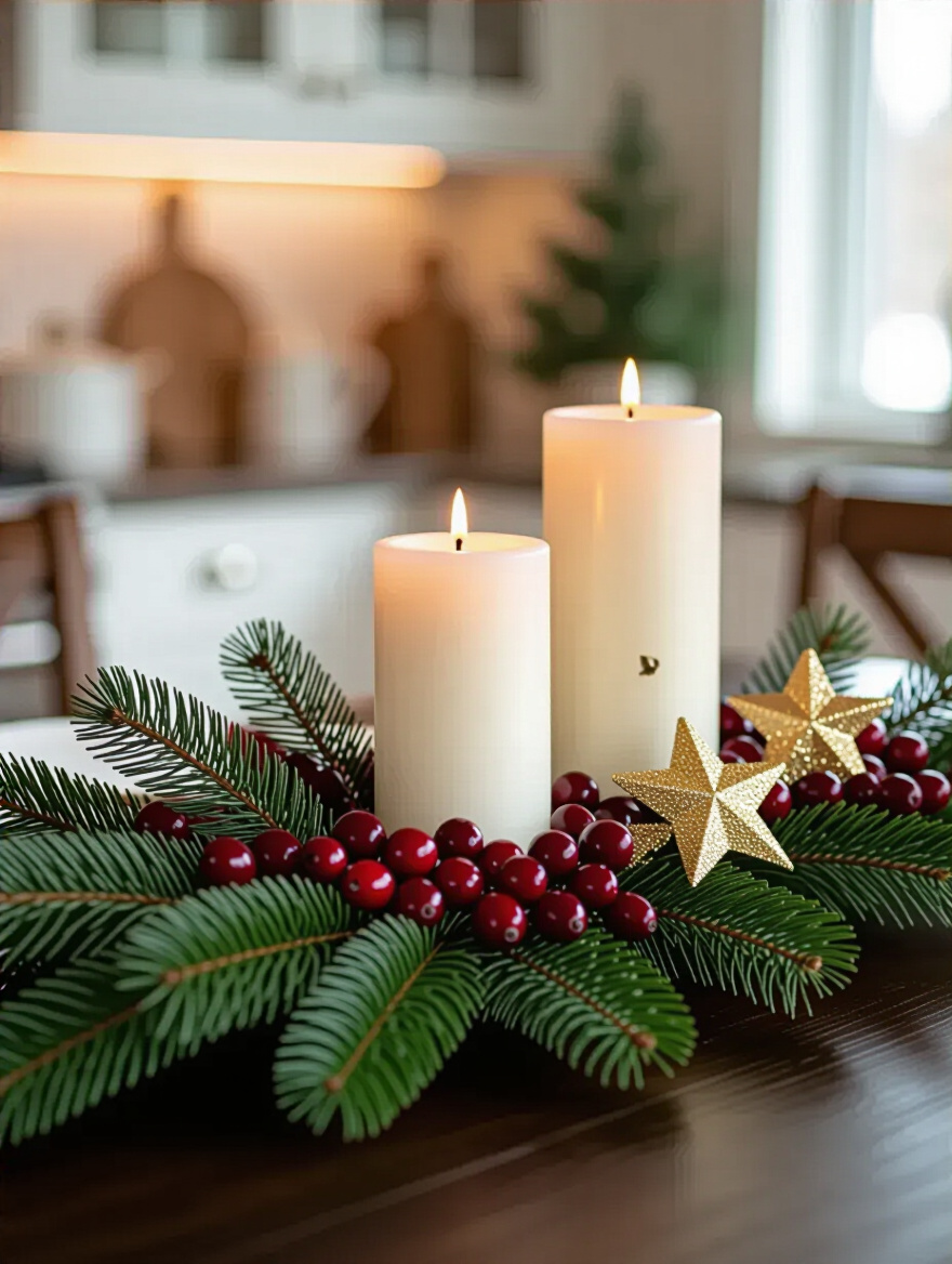 Festive holiday kitchen table centerpiece with pine, cranberries, candles, and gold star ornaments on a dark wooden table, illuminated by warm natural light.
