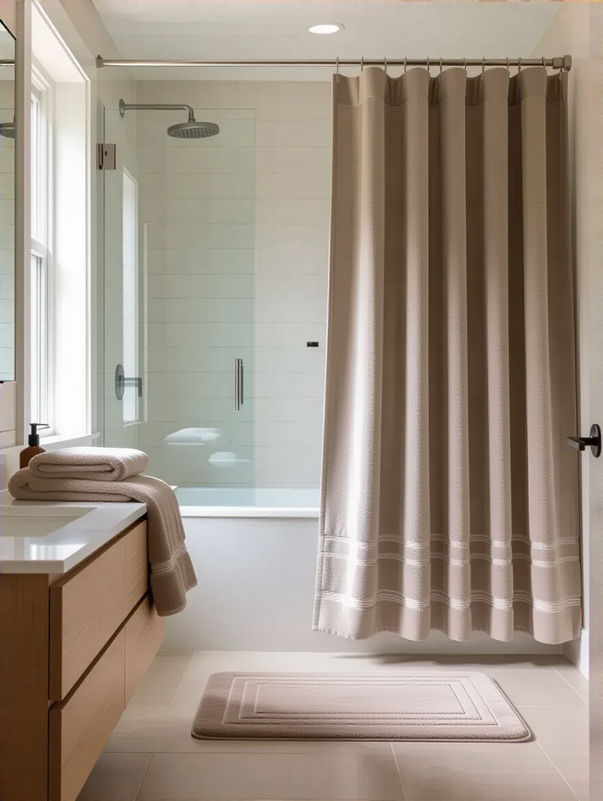 Coordinated bathroom textiles with shower curtain and plush towels in a spa-like palette