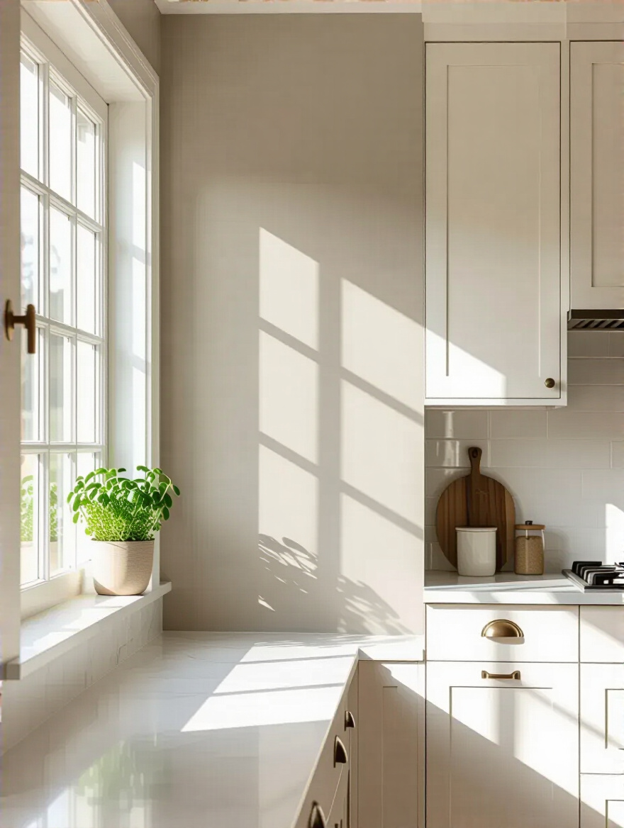 Vertical kitchen scene with a refreshed wall color and natural daylight