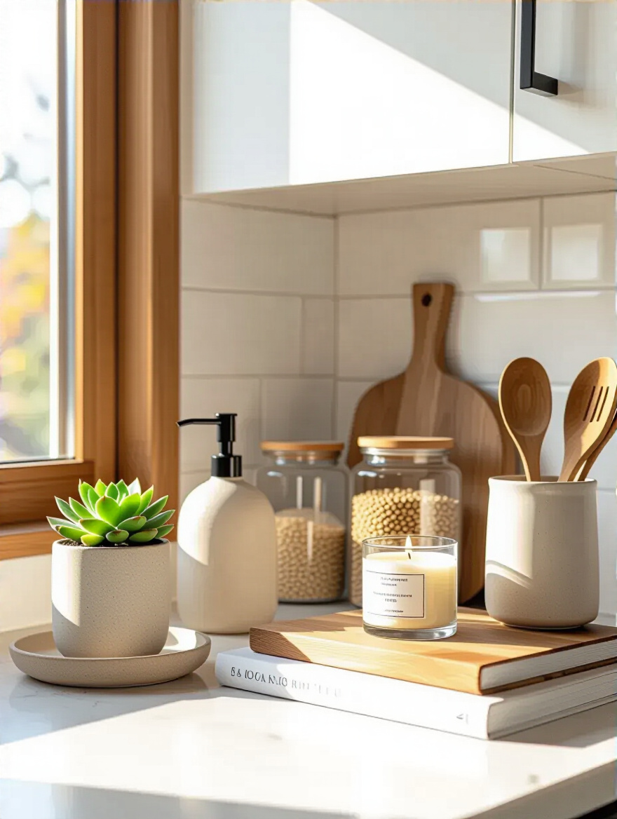 Vertical kitchen countertop with refreshed decor elements in a timeless setup