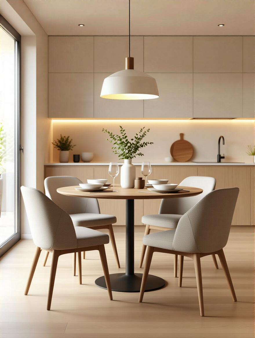Portrait of an ergonomically arranged dining space showing table-to-chair proportions