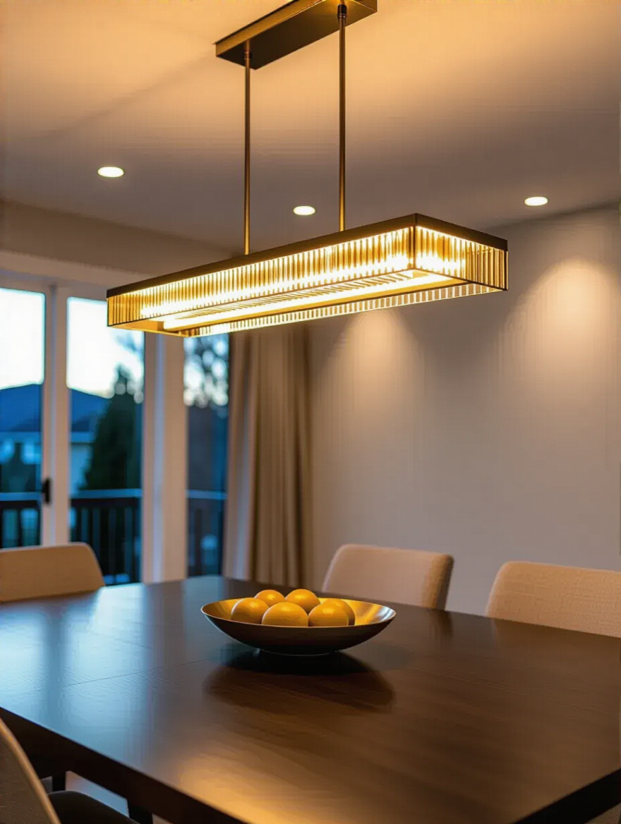 A perfectly placed modern linear chandelier suspended over a dark wood dining table in a sophisticated dining room, demonstrating optimal height clearance.