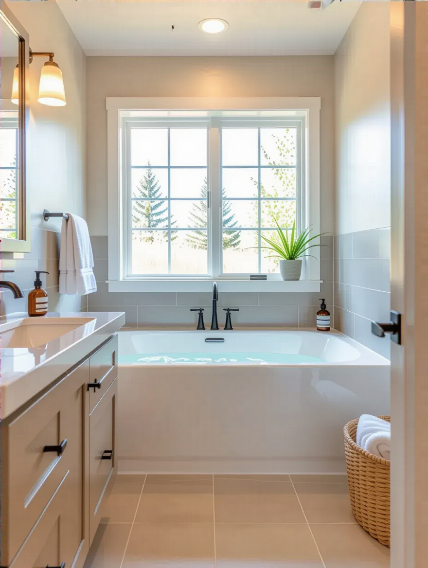 Glossy resurfaced bathtub and sink in a modern bathroom