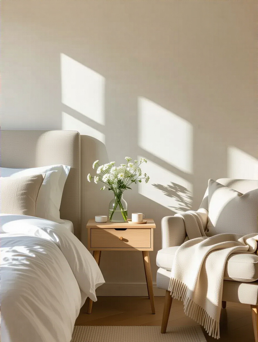 A beautifully refreshed small apartment bedroom with neutral core decor and light spring seasonal accents, featuring fresh flowers and a linen throw blanket.
