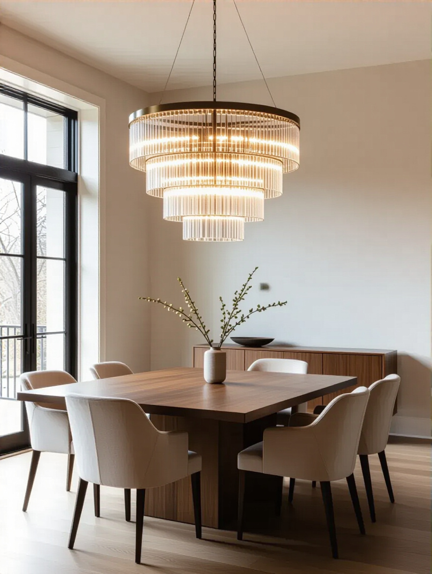 Elegant dining room with a chandelier perfectly scaled to a long rectangular dining table and matching chairs, showcasing harmonious interior design.